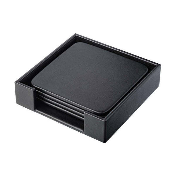 Dacasso Classic Black Leatherette 4 Square Coaster Set with Holder AG-1011